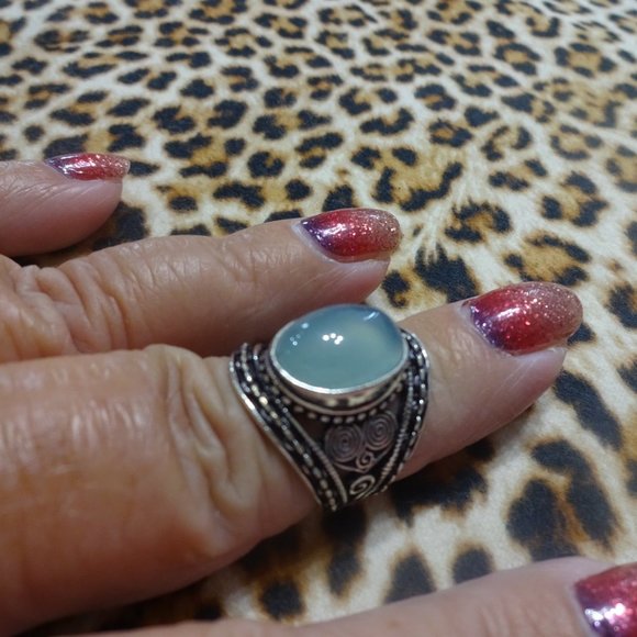 Ornate "BLUE CHALCEDONY" Handmade Sterling Ring Size 7.5 #167B - Picture 2 of 3